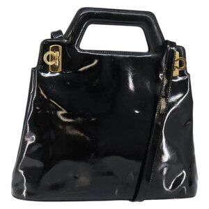 Salvatore Ferragamo Gancini Hand Bag Enamel 2way Black Gold Auth 147151